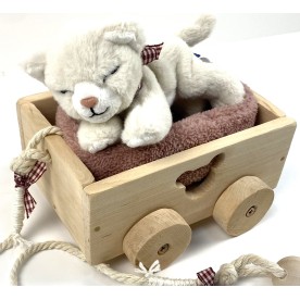 Kinderspielzeug aus Arvenholz-Wagen mit Kordel und Plüschhund-