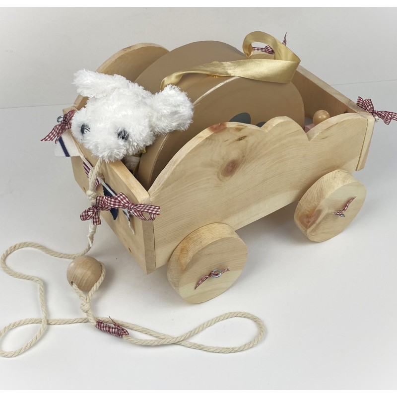 Kinderspielzeug aus Arvenholz-Wagen mit Kordel gross mit Hund und Tasche- Kinderspielzeug aus Arvenholz-Wagen mit Kordel gross mit Hund und Tasche-