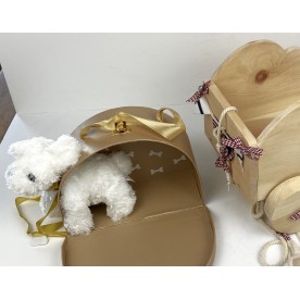 Kinderspielzeug aus Arvenholz-Wagen mit Kordel gross mit Hund und Tasche-