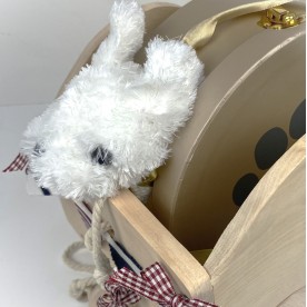 Kinderspielzeug aus Arvenholz-Wagen mit Kordel gross mit Hund und Tasche-