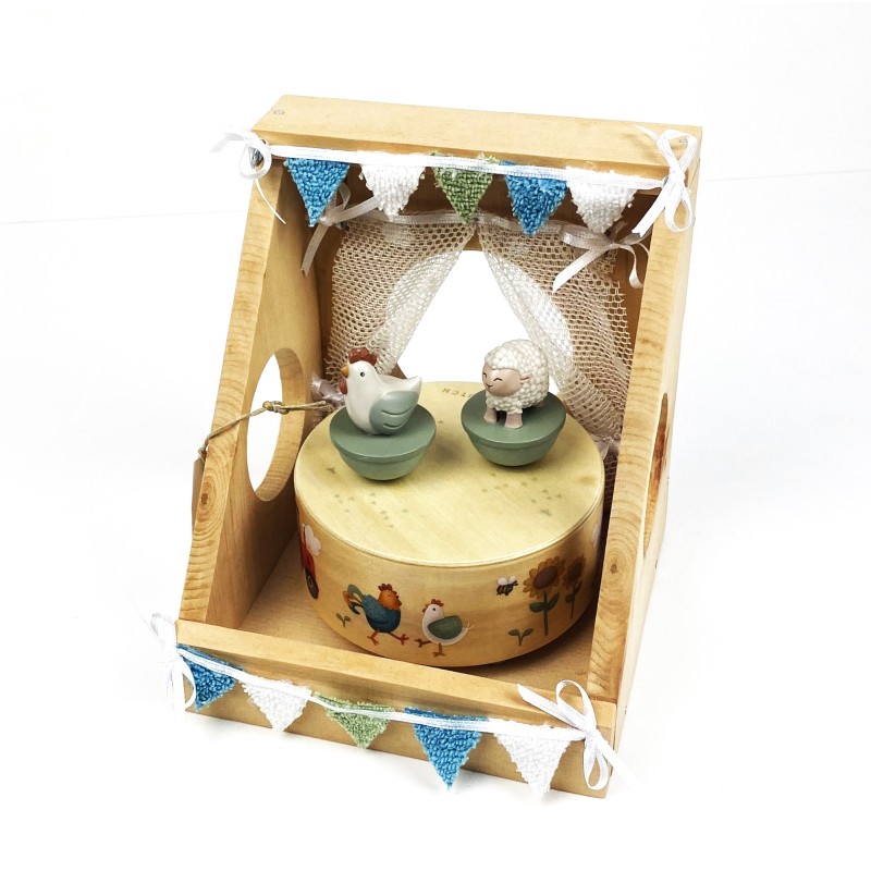 Kinderspielzeug aus Arvenholz-Musikdose mit 2 tanzenden Tierchen- Kinderspielzeug aus Arvenholz-Musikdose mit 2 tanzenden Tierchen-